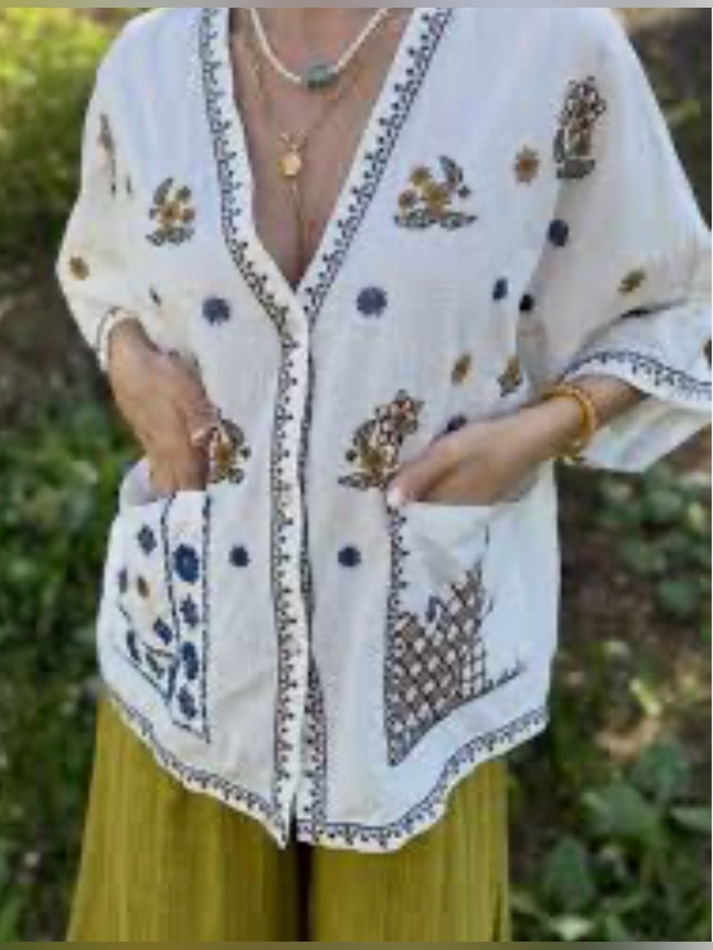 Zara Embroidered Top Duster Kimono cardigan oversized XS creamy white pockets